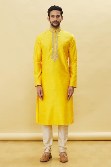 Arihant Rai Sinha_Yellow Silk Embroidery Solid Kurta With Churidar Set _Online_at_Aza_Fashions