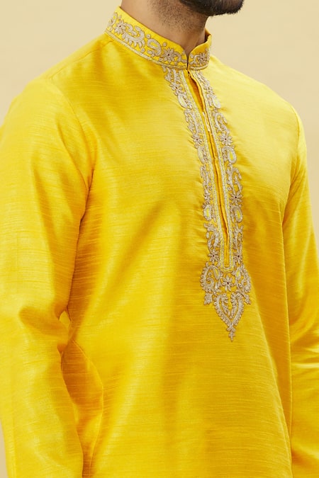 Buy_Arihant Rai Sinha_Yellow Silk Embroidery Solid Kurta With Churidar Set _Online_at_Aza_Fashions