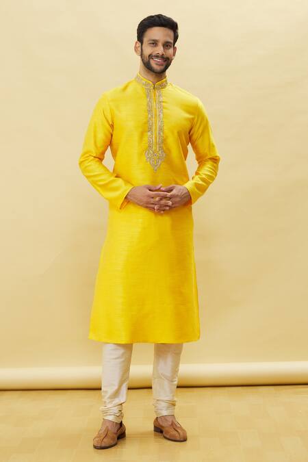 Shop_Arihant Rai Sinha_Yellow Silk Embroidery Solid Kurta With Churidar Set _Online_at_Aza_Fashions