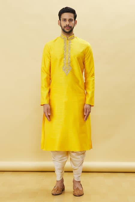 Arihant Rai Sinha_Yellow Silk Embroidery Placket Kurta Patiala Set _Online_at_Aza_Fashions
