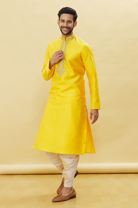 Buy_Arihant Rai Sinha_Yellow Silk Embroidery Placket Kurta Patiala Set _Online_at_Aza_Fashions