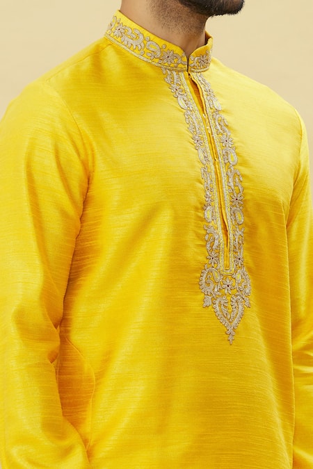 Shop_Arihant Rai Sinha_Yellow Silk Embroidery Placket Kurta Patiala Set _Online_at_Aza_Fashions