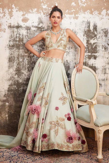 Shop_Varun Bahl_Green Chanderi, Organza Sequins, Beads, Floral Corsage Bridal Lehenga Set _at_Aza_Fashions