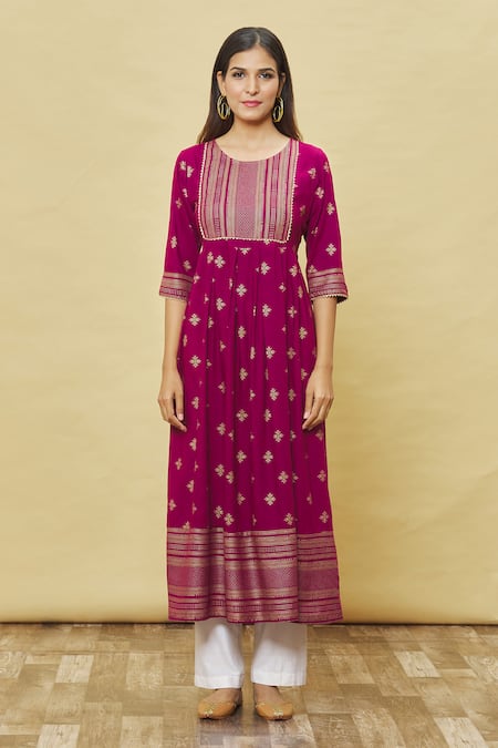 Samyukta Singhania_Wine Geometric Print Anarkali _Online_at_Aza_Fashions