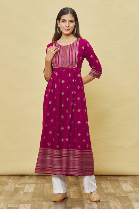 Shop_Samyukta Singhania_Wine Geometric Print Anarkali _Online_at_Aza_Fashions