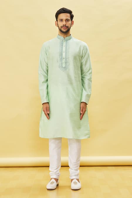Arihant Rai Sinha_Green Silk Embroidery Swirl Pattern Kurta Churidar Set _Online_at_Aza_Fashions