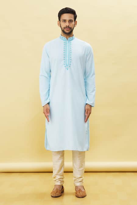 Arihant Rai Sinha_Sky Blue Silk, Cotton Embroidery Paisley Placket Kurta Churidar Set _Online_at_Aza_Fashions