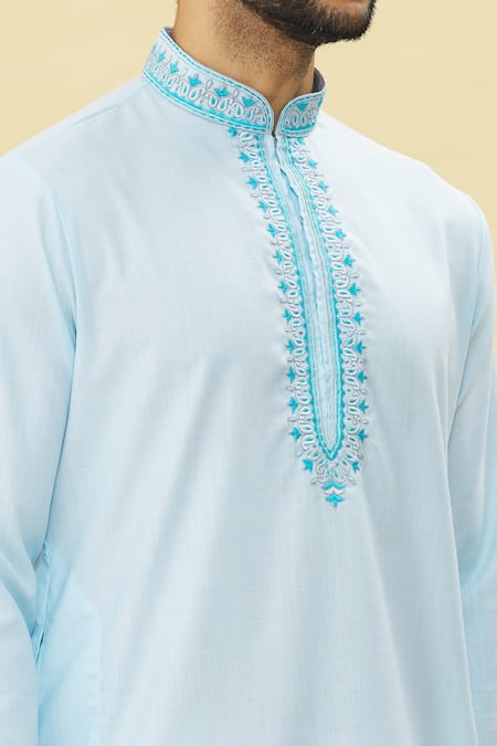 Buy_Arihant Rai Sinha_Sky Blue Silk, Cotton Embroidery Paisley Placket Kurta Churidar Set _Online_at_Aza_Fashions
