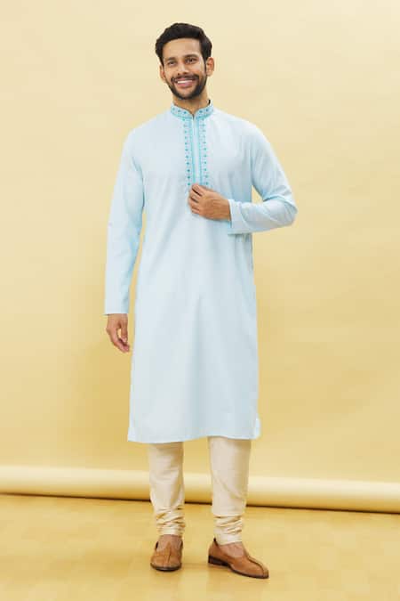 Shop_Arihant Rai Sinha_Sky Blue Silk, Cotton Embroidery Paisley Placket Kurta Churidar Set _Online_at_Aza_Fashions