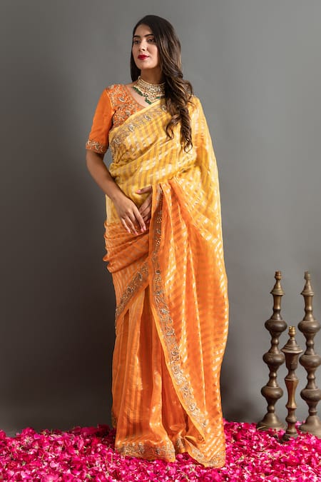 Shop Ruar India Orange Tissue Zari, Gota Sunglow Zardozi Embroidered Ombre Saree With Blouse at Aza Fashions Shop_Ruar India_Orange Tissue Zari, Gota Sunglow Zardozi Embroidered Ombre Saree With Blouse _at_Aza_Fashions