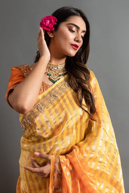 Ruar India Orange Tissue Zari, Gota Sunglow Zardozi Embroidered Ombre Saree With Blouse Online at Aza Fashions Ruar India_Orange Tissue Zari, Gota Sunglow Zardozi Embroidered Ombre Saree With Blouse _Online_at_Aza_Fashions