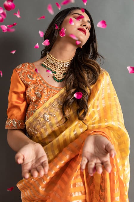 Buy Ruar India Orange Tissue Zari, Gota Sunglow Zardozi Embroidered Ombre Saree With Blouse Online at Aza Fashions Buy_Ruar India_Orange Tissue Zari, Gota Sunglow Zardozi Embroidered Ombre Saree With Blouse _Online_at_Aza_Fashions