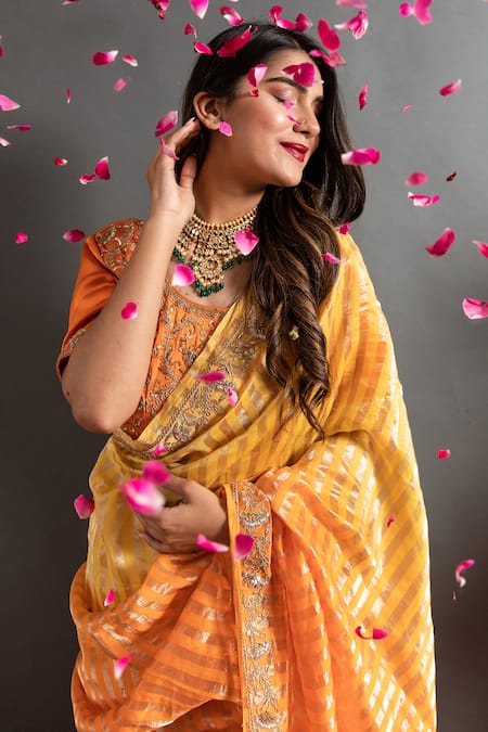 Shop Ruar India Orange Tissue Zari, Gota Sunglow Zardozi Embroidered Ombre Saree With Blouse Online at Aza Fashions Shop_Ruar India_Orange Tissue Zari, Gota Sunglow Zardozi Embroidered Ombre Saree With Blouse _Online_at_Aza_Fashions