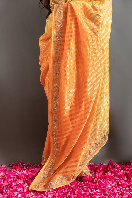 Ruar India Orange Tissue Zari, Gota Sunglow Zardozi Embroidered Ombre Saree With Blouse at Aza Fashions Ruar India_Orange Tissue Zari, Gota Sunglow Zardozi Embroidered Ombre Saree With Blouse _at_Aza_Fashions
