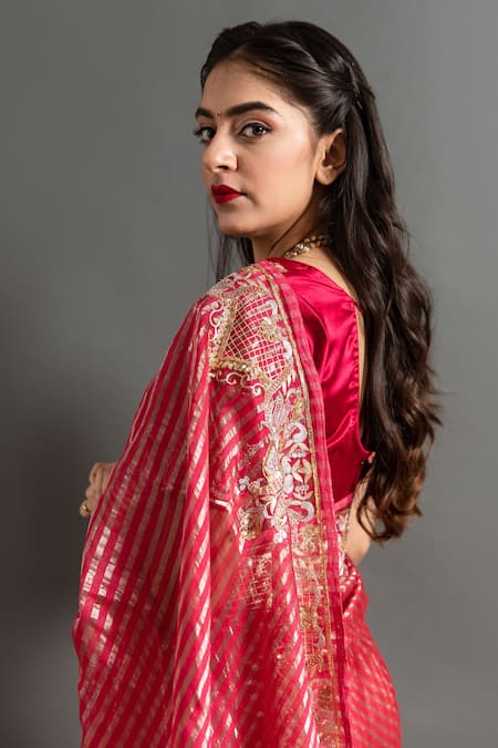 Ruar India_Red Tissue Sequins, Applique Rajinigandha Aari Embroidered Saree With Blouse _Online_at_Aza_Fashions