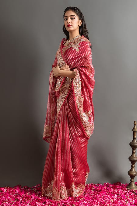 Buy_Ruar India_Red Tissue Sequins, Applique Rajinigandha Aari Embroidered Saree With Blouse _Online_at_Aza_Fashions
