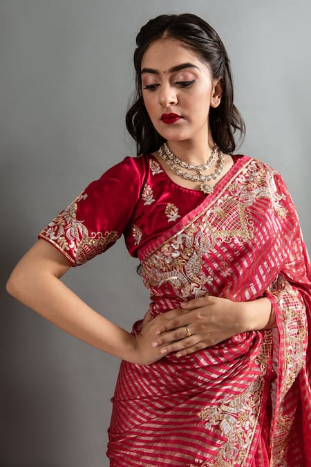 Shop_Ruar India_Red Tissue Sequins, Applique Rajinigandha Aari Embroidered Saree With Blouse _Online_at_Aza_Fashions