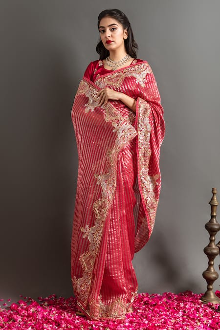 Ruar India_Red Tissue Sequins, Applique Rajinigandha Aari Embroidered Saree With Blouse _at_Aza_Fashions