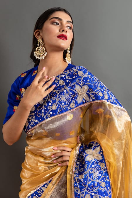 Ruar India Yellow Tissue Sequins Round Neck Sunehri Aari Embroidered Saree Online at Aza Fashions Ruar India_Yellow Tissue Sequins Round Neck Sunehri Aari Embroidered Saree _Online_at_Aza_Fashions