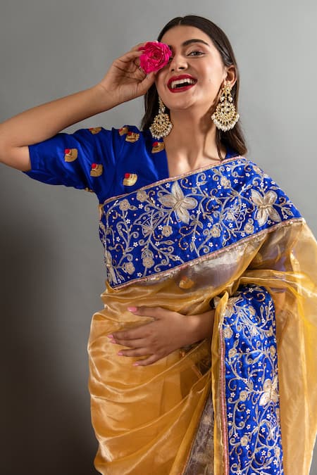 Buy Ruar India Yellow Tissue Sequins Round Neck Sunehri Aari Embroidered Saree Online at Aza Fashions Buy_Ruar India_Yellow Tissue Sequins Round Neck Sunehri Aari Embroidered Saree _Online_at_Aza_Fashions