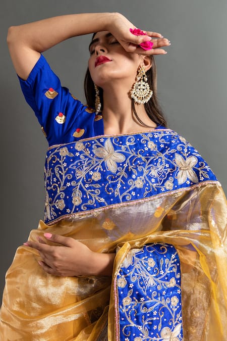 Shop Ruar India Yellow Tissue Sequins Round Neck Sunehri Aari Embroidered Saree Online at Aza Fashions Shop_Ruar India_Yellow Tissue Sequins Round Neck Sunehri Aari Embroidered Saree _Online_at_Aza_Fashions