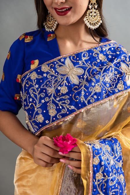 Buy Ruar India Yellow Tissue Sequins Round Neck Sunehri Aari Embroidered Saree Buy_Ruar India_Yellow Tissue Sequins Round Neck Sunehri Aari Embroidered Saree