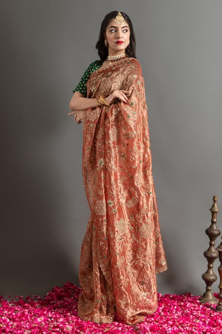 Shop_Ruar India_Brown Tissue Embroidery, Sequins Round Neck Sarson Zardozi Saree With Blouse _at_Aza_Fashions