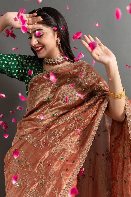 Ruar India_Brown Tissue Embroidery, Sequins Round Neck Sarson Zardozi Saree With Blouse _Online_at_Aza_Fashions
