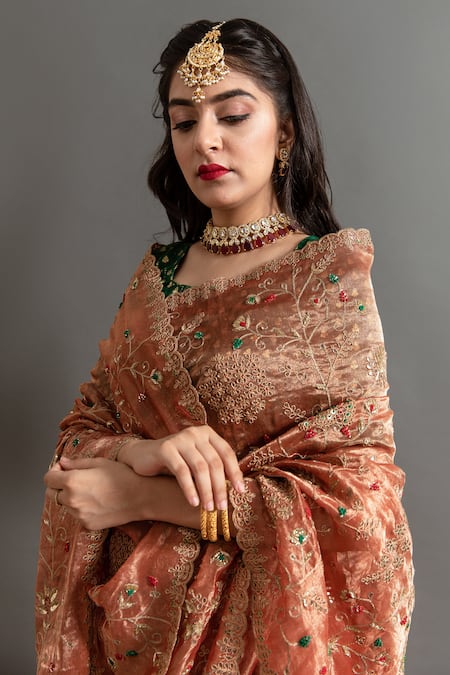Buy_Ruar India_Brown Tissue Embroidery, Sequins Round Neck Sarson Zardozi Saree With Blouse _Online_at_Aza_Fashions