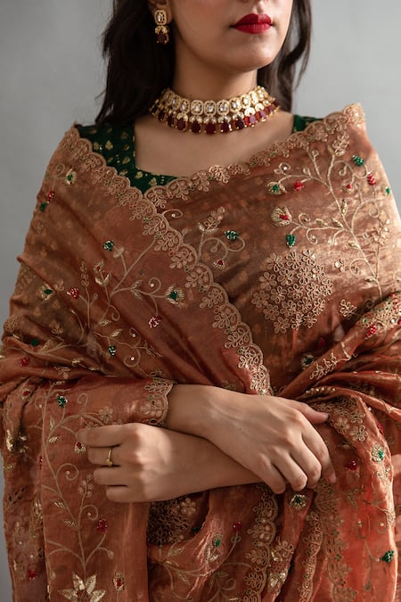 Shop_Ruar India_Brown Tissue Embroidery, Sequins Round Neck Sarson Zardozi Saree With Blouse _Online_at_Aza_Fashions