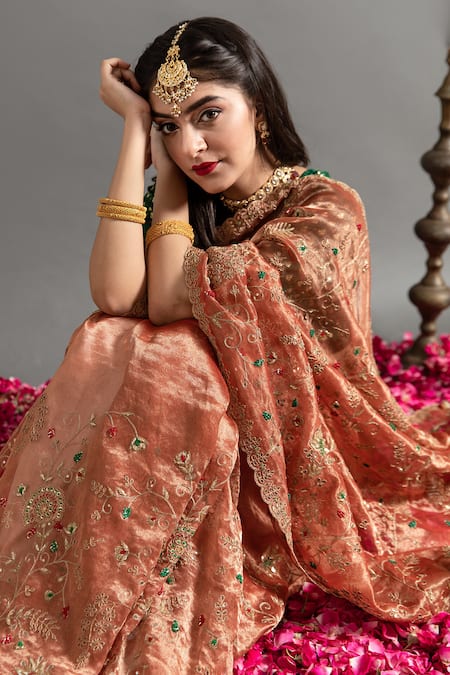 Ruar India_Brown Tissue Embroidery, Sequins Round Neck Sarson Zardozi Saree With Blouse _at_Aza_Fashions