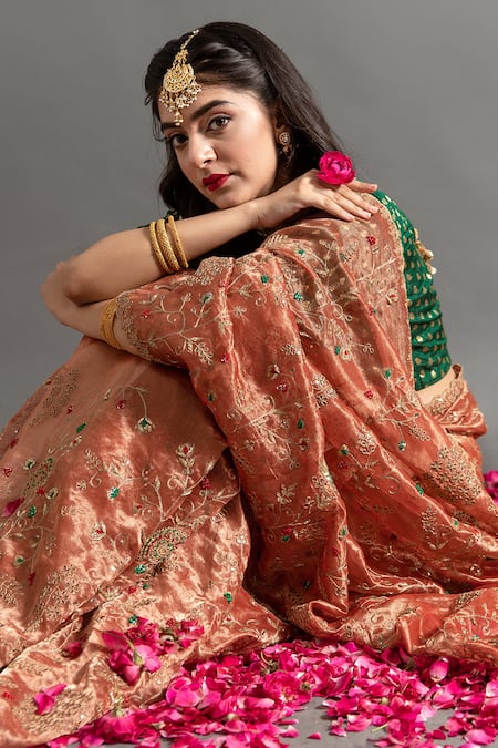 Buy_Ruar India_Brown Tissue Embroidery, Sequins Round Neck Sarson Zardozi Saree With Blouse 