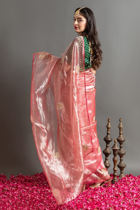 Ruar India Pink Tissue Zari, Sequins Round Neck Chaand Saree With Blouse Online at Aza Fashions Ruar India_Pink Tissue Zari, Sequins Round Neck Chaand Saree With Blouse _Online_at_Aza_Fashions