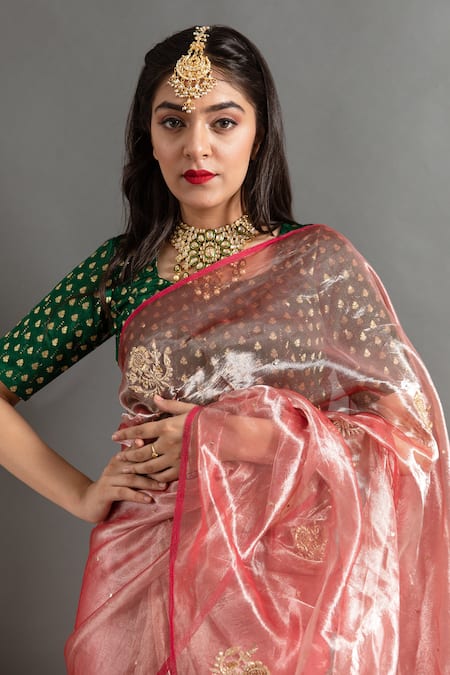 Buy Ruar India Pink Tissue Zari, Sequins Round Neck Chaand Saree With Blouse Online at Aza Fashions Buy_Ruar India_Pink Tissue Zari, Sequins Round Neck Chaand Saree With Blouse _Online_at_Aza_Fashions