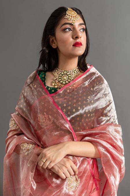 Shop Ruar India Pink Tissue Zari, Sequins Round Neck Chaand Saree With Blouse Online at Aza Fashions Shop_Ruar India_Pink Tissue Zari, Sequins Round Neck Chaand Saree With Blouse _Online_at_Aza_Fashions