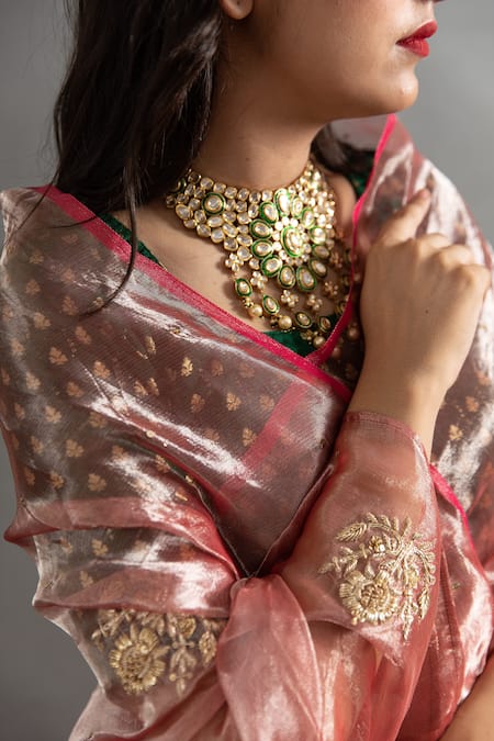 Ruar India Pink Tissue Zari, Sequins Round Neck Chaand Saree With Blouse at Aza Fashions Ruar India_Pink Tissue Zari, Sequins Round Neck Chaand Saree With Blouse _at_Aza_Fashions
