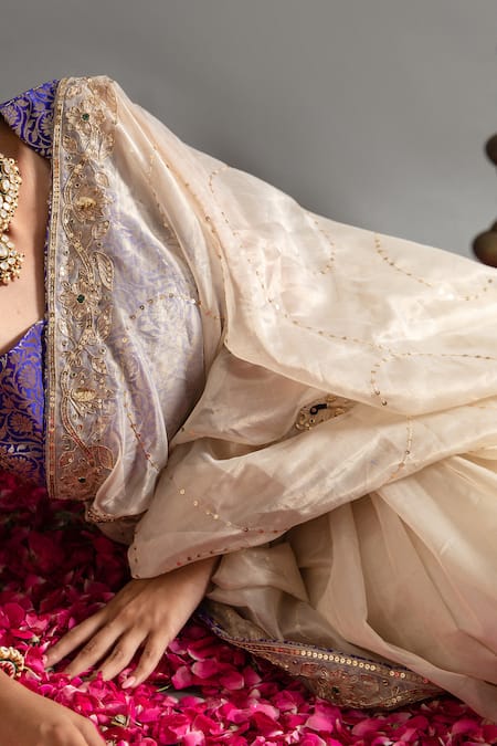 Buy Ruar India White Tissue Sequins, Zari Gokharu Mor Zardozi Embroidered Saree With Blouse Online at Aza Fashions Buy_Ruar India_White Tissue Sequins, Zari Gokharu Mor Zardozi Embroidered Saree With Blouse _Online_at_Aza_Fashions