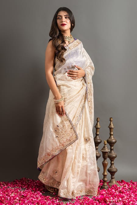 Shop Ruar India White Tissue Sequins, Zari Gokharu Mor Zardozi Embroidered Saree With Blouse Online at Aza Fashions Shop_Ruar India_White Tissue Sequins, Zari Gokharu Mor Zardozi Embroidered Saree With Blouse _Online_at_Aza_Fashions