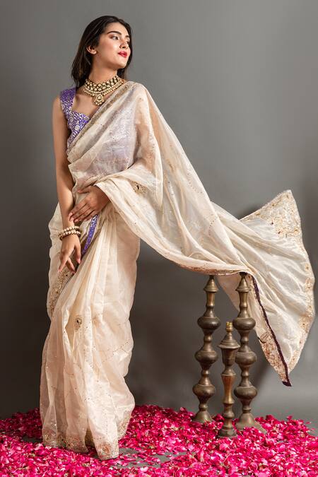 Ruar India White Tissue Sequins, Zari Gokharu Mor Zardozi Embroidered Saree With Blouse at Aza Fashions Ruar India_White Tissue Sequins, Zari Gokharu Mor Zardozi Embroidered Saree With Blouse _at_Aza_Fashions