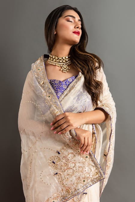 Buy Ruar India White Tissue Sequins, Zari Gokharu Mor Zardozi Embroidered Saree With Blouse Buy_Ruar India_White Tissue Sequins, Zari Gokharu Mor Zardozi Embroidered Saree With Blouse