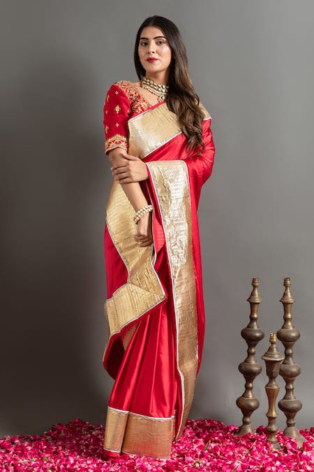 Shop Ruar India Red Satin Lace, Embroidery Round Neck Laffa Work Saree And Blouse at Aza Fashions Shop_Ruar India_Red Satin Lace, Embroidery Round Neck Laffa Work Saree And Blouse _at_Aza_Fashions