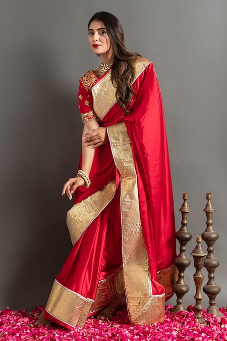 Ruar India Red Satin Lace, Embroidery Round Neck Laffa Work Saree And Blouse Online at Aza Fashions Ruar India_Red Satin Lace, Embroidery Round Neck Laffa Work Saree And Blouse _Online_at_Aza_Fashions