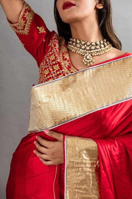 Buy Ruar India Red Satin Lace, Embroidery Round Neck Laffa Work Saree And Blouse Online at Aza Fashions Buy_Ruar India_Red Satin Lace, Embroidery Round Neck Laffa Work Saree And Blouse _Online_at_Aza_Fashions