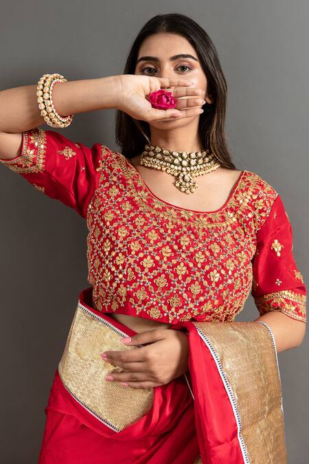 Shop Ruar India Red Satin Lace, Embroidery Round Neck Laffa Work Saree And Blouse Online at Aza Fashions Shop_Ruar India_Red Satin Lace, Embroidery Round Neck Laffa Work Saree And Blouse _Online_at_Aza_Fashions