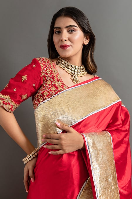 Ruar India Red Satin Lace, Embroidery Round Neck Laffa Work Saree And Blouse at Aza Fashions Ruar India_Red Satin Lace, Embroidery Round Neck Laffa Work Saree And Blouse _at_Aza_Fashions