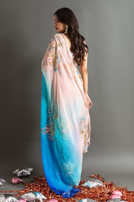 Shop Ruar India Peach Chiffon Sequins Round Neck Umber Embroidered Saree With Blouse at Aza Fashions Shop_Ruar India_Peach Chiffon Sequins Round Neck Umber Embroidered Saree With Blouse _at_Aza_Fashions