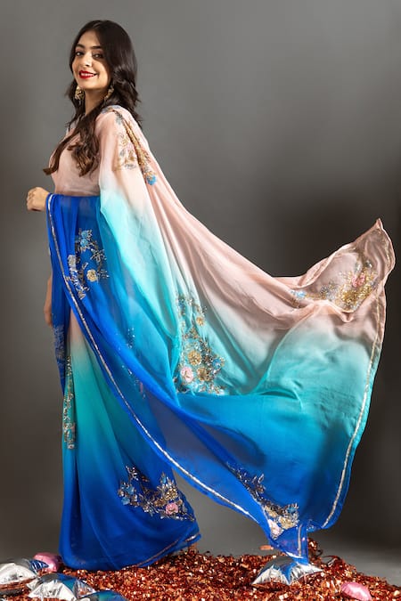 Ruar India Peach Chiffon Sequins Round Neck Umber Embroidered Saree With Blouse Online at Aza Fashions Ruar India_Peach Chiffon Sequins Round Neck Umber Embroidered Saree With Blouse _Online_at_Aza_Fashions