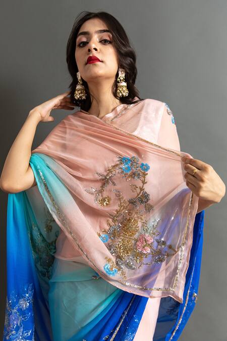 Buy Ruar India Peach Chiffon Sequins Round Neck Umber Embroidered Saree With Blouse Online at Aza Fashions Buy_Ruar India_Peach Chiffon Sequins Round Neck Umber Embroidered Saree With Blouse _Online_at_Aza_Fashions