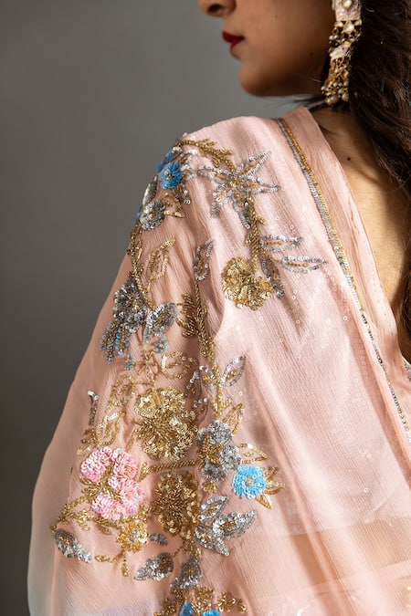 Ruar India Peach Chiffon Sequins Round Neck Umber Embroidered Saree With Blouse at Aza Fashions Ruar India_Peach Chiffon Sequins Round Neck Umber Embroidered Saree With Blouse _at_Aza_Fashions