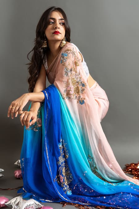 Buy Ruar India Peach Chiffon Sequins Round Neck Umber Embroidered Saree With Blouse Buy_Ruar India_Peach Chiffon Sequins Round Neck Umber Embroidered Saree With Blouse